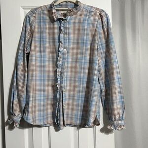 Loft womens button front ruffle plaid shirt Size M